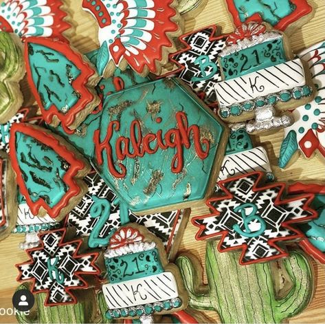 Aztec Birthday Cake, Aztec Party Theme, Turquoise Western Party, Cow Graduation Party Ideas, Western 16th Birthday Party Ideas, Western Cookies Decorated, Western Cakes Birthday, Aztec Cookies, Western Sweet 16 Ideas