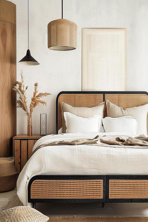 Scandinavian-style bedroom with rattan elements and minimalistic decor. Rattan Minimalist Bedroom, Rattan House Interior Design, Bedroom Rattan Decor, Rattan Room Ideas, Rattan Themed Bedroom, Bedroom Inspirations Rattan, Rattan Style Bedroom, Ratan Bedrooms Idea, Rattan Decor Interior Design