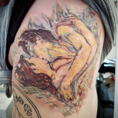 In Bed, The Kiss, Toulouse Lautrec Famous Art As Tattoos, The Kiss Painting Tattoo, Bed Tattoo, Tattoos Based On Famous Art, The Kiss Tattoo Klimt, Classical Art Tattoo, Leda And The Swan Tattoo, Art History Tattoo, Toulouse Lautrec Tattoo