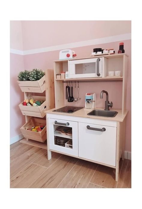 Modern Playroom Living Room, Play Kitchen In The Kitchen, Playroom With Kitchen, Kids Play Kitchen Area, Christmas Play Kitchen, Toddler Kitchen Play Area, Playroom Kitchen Area, Kids Ikea Kitchen, Kids Kitchen Playroom