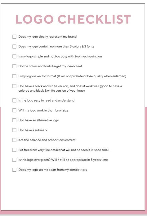 Logo Checklist | Business logo Beauty Business Checklist, Graphic Design Checklist, Starting A Business Ideas, Starting A Business Quotes, Starting A Business Checklist, Starting Business, Business Vision Board, Business Aesthetic, Business Vision