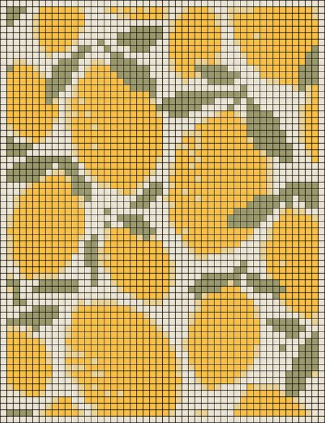 Crochet Print Pattern, Lemon Tapestry Crochet, Floral Grid Pattern, Knitted Tapestry Pattern, Lemon Alpha Pattern, Cottage Core Alpha Pattern, Grid Pattern Art, Lemon Pixel Art, Crochet Geometric Pattern