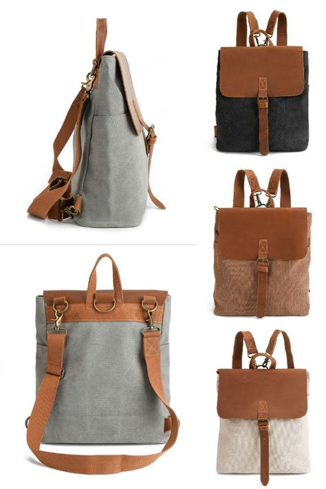 Vintage Simple Genuine Leather Cover Single Buckle Multifunction Shoulder Bag Rucksack School Outdoor Student Canvas Backpack Canvas Backpack Pattern, Leather Backpack Pattern, Backpack Designs, Vintage Canvas Bags, Backpack Pattern Sewing, Canvas Bag Design, Stylish School Bags, Multifunction Bag, Simple Backpack