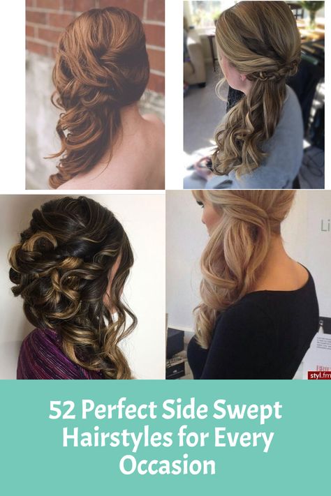 Hairstyle Pulled To One Side, How To Side Swept Hairstyles, Curly Hair To The Side Wedding, Long Hair Side Swept Hairstyles, Side Style Updo, Half Up Half Down Hair Side Swept, Off To Side Updo, Side Hairdos For Long Hair, Wedding Hairstyles Side Swept Updo