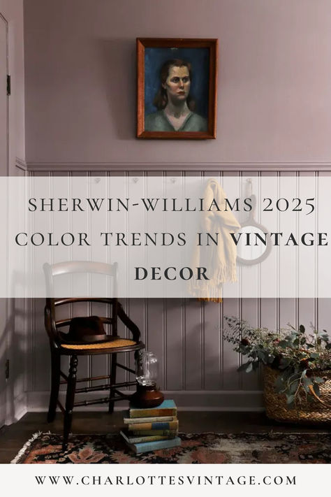 Each year, like many other paint brands, Sherwin-Williams issues their forecast predicting the colors they think will dominate the interior design world in the year to follow. 

The Sherwin-Williams Colormix® Forecast for 2025 offers a diverse palette that can be seamlessly integrated into vintage home decor. The four color capsules are Chrysalis, Paradox, Wellspring, and Kindred. Below, I explore how these colors can enhance and redefine spaces with a vintage aesthetic. Sherwin Williams Family Room Colors, Taiga Paint Color, Aged Wine Sherwin Williams, Gris Morado Sherwin Williams, Sw Chelsea Mauve, Mauve Sherwin Williams Paint, Sherwin Williams Bitter Chocolate, Terra Brun Sherwin Williams, Historic Home Colors