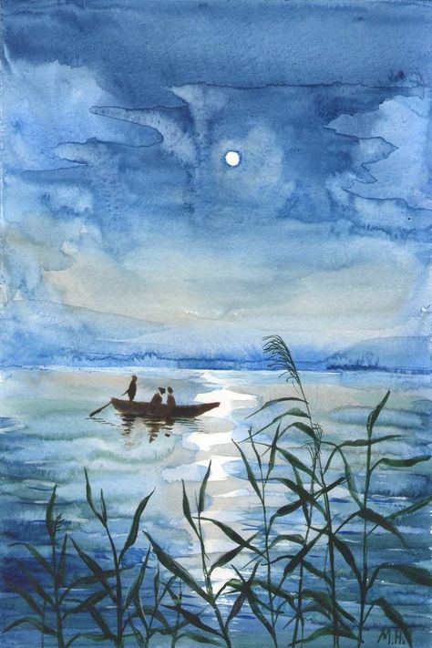 Moon Water Painting, Boat In Water Painting, Fishing Watercolor Painting, Lake Illustration, Watercolour Water, Blue Watercolor Painting, Realism Illustration, Lake Watercolor, Neocolor Ii