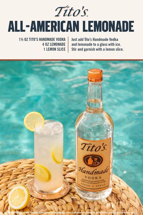 When the party’s in your own backyard, mix up a pitcher of lemonade...and Tito’s Handmade Vodka. Nothing’s more refreshing than sipping a Tito’s All-American Lemonade while you raise a glass to the red, white, and blue. Simple, smooth, and naturally gluten-free. Celebrate with Tito’s. Beachy Drinks, Pitcher Of Lemonade, Speciality Drinks, Summer Drinks Alcohol Recipes, Easy Mixed Drinks, Food Tables, Camping Drinks, Simple Cocktail, Punch Cocktails