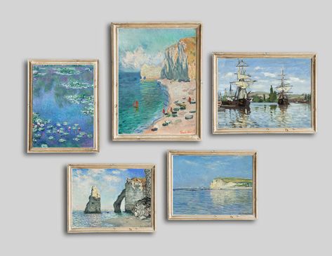 "Claude Monet, Vintage Seascape Coastal Oil Painting, Vintage Printable Gallery Wall Art Set Of 5, Monet Posters Beach INSTANT DOWNLOAD Included Files (5 images) in 300 dpi resolution: 1 PDF document that includes a link to the JPG files (300 dpi) printable in the following size: - 4x5 ratio file for printing 4\"x5\", 8\"x10\", 16\"x20\", 24\"x30\" inches (up to 61x76 cm). - 3x4 ratio file for printing 3\"x4\", 6\"x8\", 9\"x12\", 12\"x16\", 18\"x24\", 24\"x32\" inches (up to 61x81 cm). - 2x3 ratio file for printing 4\"x6\", 6\"x9\", 8\"x12\", 10\"x15\", 12\"x18\", 16\"x24\", 20\"x30\", 24\"x36\" inches (up to 60x90 cm). - An international paper size file for printing 5\"x7\" inches, A5, A4, A3, A2, A1 (up to 50x70 cm). - 11\"x14\" (27x35 cm) If you want other dimensions for your print writ Claude Monet Gallery Wall, Beach House Gallery Wall, Bedroom Inspirations Vintage, Vintage Coastal Decor, Monet Exhibition, Monet Poster, Vintage Coastal, Gallery Wall Art Set, Vintage Printable