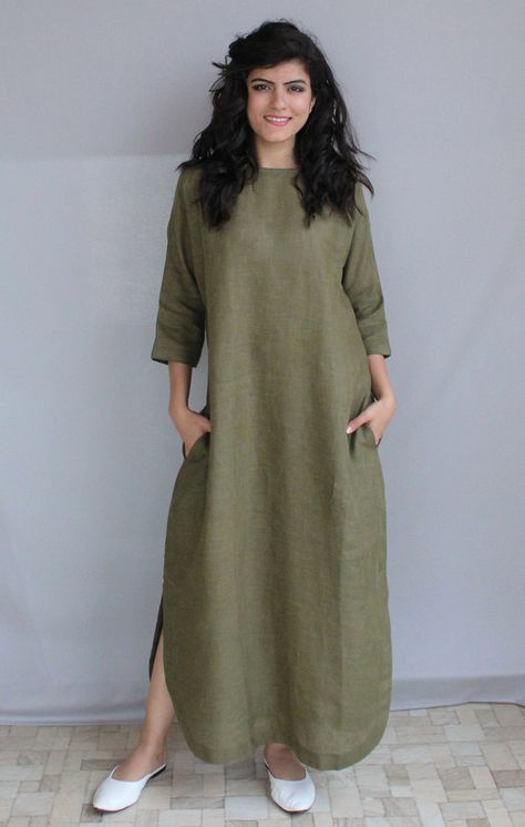 "DETAILS :- - Ankle length 50\" - 3/4 sleeves Length 15\" - Dress with Belt - 100% lightweight linen fabric - Customization Available Check the link below for my shop ---------------------------------------- https://www.etsy.com/in-en/shop/Magicsilvercraft https://www.etsy.com/in-en/shop/PehroDesign ---------------------------------------- ★★All the outfits are MADE TO ORDER you can share your demand for any kind of changes before placing your order ★★ ------------------------------------------- Green Linen Dress, Plus Size Linen, Linen Dress Women, Long Linen Dress, Mode Abaya, Linen Fashion, Custom Dress, Linen Clothing, Linen Shirt Dress