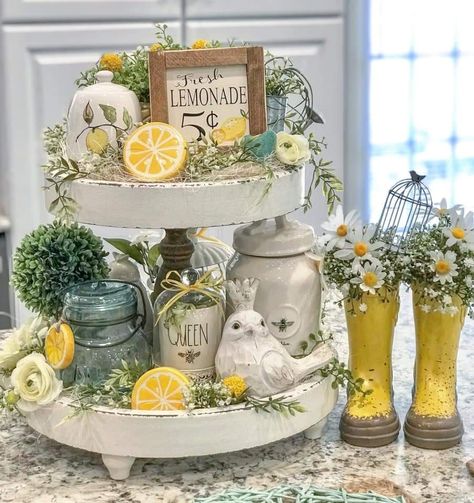 Lemonade Decor, Kitchen Tray Decor, Tiered Tray Decorations, Three Tier Tray, Lemon Kitchen Decor, Farmhouse Tray, Lemon Kitchen, Tiered Tray Diy, Tray Styling