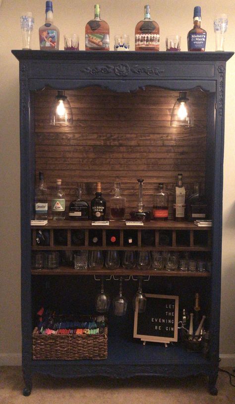 Armoire Into Bar, Bar With Shiplap, Dresser Into Bar, Repurposed Armoire, Diy Nursery Furniture, Repurpose Dresser, Glass Shelving, Above Cabinets, Diy Home Bar