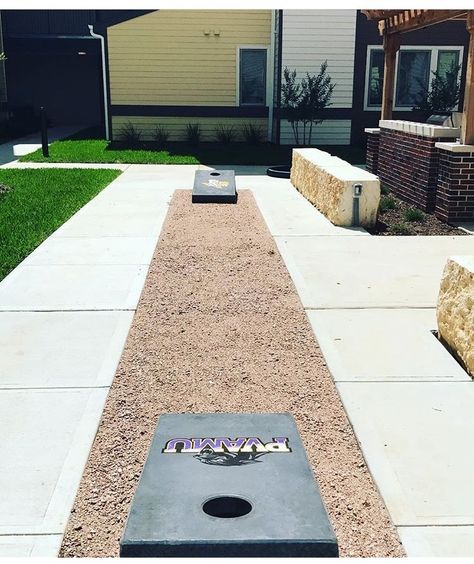 Concrete Cornhole Boards - Bean Bag Toss Game Cornhole Area Ideas, Concrete Cornhole Boards, Cornhole Landscaping, Cornhole Backyard Setup, Outdoor Cornhole Court, Backyard Cornhole Court, Backyard Corn Hole Area, Cornhole Court Backyard Ideas, Cornhole Playing Area