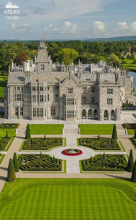 Adare Manor is a manor house located on the banks of the River Maigue in the village of Adare, County Limerick, Ireland, the former seat of the Earl of Dunraven and Mount-Earl. The present house was built in the early 19th century, though retaining some of the walls of the 17th-century structure. It is now the Adare Manor Hotel & Golf Resort, a luxury hotel, and contains the Michelin-starred Oak Room restaurant. Manor Castle, Hirosaki Castle, Spring Japan, Adare Manor, Limerick Ireland, Chateau Medieval, Castle Mansion, Castle Aesthetic, Dream Mansion