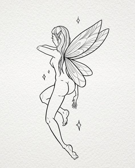 Super cute line art of a fairy flying cute fae whimsical tattoo work Drawing Of Fairy, Pixie Fairy Tattoo Ideas, Draw Fairy, Mystical Fairy Tattoo, Fairy Themed Tattoo, Elf Tattoos, Faerie Tattoos, Fairies Drawing, Two Fairies Tattoo