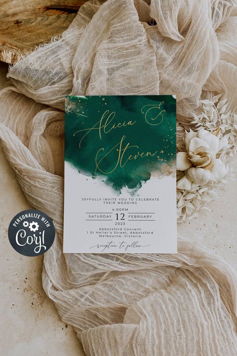 Green Gold Weddings, Emerald Green Weddings, Green Wedding Invitations, Rsvp Postcard, Save The Date Templates, Invite Template, Invitation Baby Shower, Gold Wedding Invitations, Watercolor Wedding Invitations