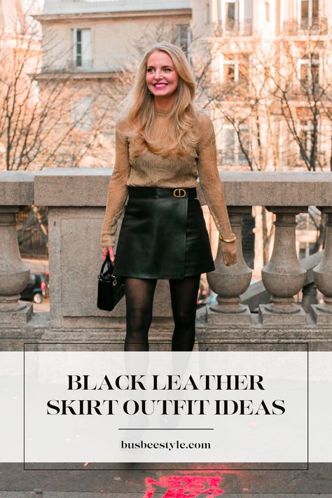 Elevate your style with 10 Black Leather Skirt Outfit Ideas for a fierce Fall & Winter wardrobe! Whether it's for the office, a night out, or casual everyday wear, these outfit inspirations make leather a must-have. Step into the edgy side and embrace the sexiness and uniqueness of leather fashion. #LeatherSkirtStyle #FallFashionInspo #EdgyElegance Leather And Sweater Outfit, Black Leather Skirt Fall Outfit, Leather Look Skirt Outfit, Black Leather Skirts Mini Outfit, Fall Black Leather Skirt Outfit, Faux Leather Mini Skirt Outfit Winter, Leather Skirt Date Night Outfit, Sweater Leather Skirt Outfit, How To Style A Long Leather Skirt