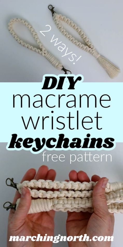 Learn two different ways to make this useful and beautiful macrame wristlet keychain! These are great for those times when you're bringing in groceries but need to keep your keys handy- includes step by step tutorial, free pattern and video | useful macrame projects | macrame for beginners | easy macrame patterns | DIY macrame keychain Macreme Gifts, Macrame Patterns Tutorials Keychain, Small Macrame Projects Free Pattern, Macrame Keychain Tutorial Step By Step, Macrame For Beginners Tutorials, Free Macrame Patterns For Beginners, Macrame Tutorial Step By Step, Beginner Macrame Projects, Keychain Diy Easy