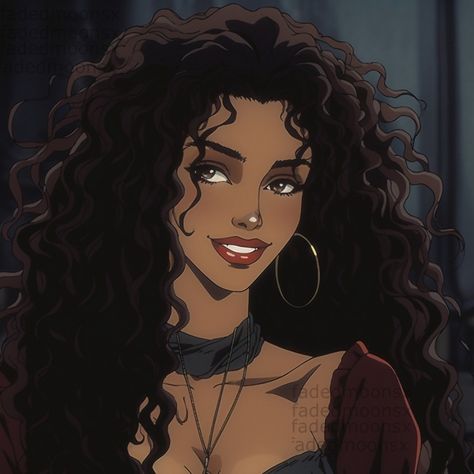 Anime Character Design Black Hair, Curly Hair Character Art, Curly Cartoon Character, Curly Hair Icons Cartoon, Curly Haired Characters, Cartoon Profile Pics Curly Hair, Latina Character Design, Curly Character, Curly Hair Character