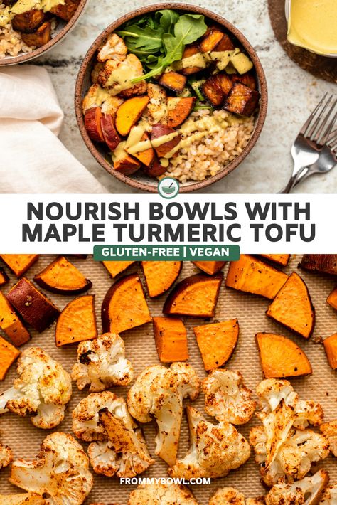 Turmeric Tofu, Veggie Rice Bowl, Nourish Bowls, Fluffy Rice, Creamy Dressing, Tofu Dishes, Veggie Bowl, Tofu Recipes, Vegan Dinner Recipes