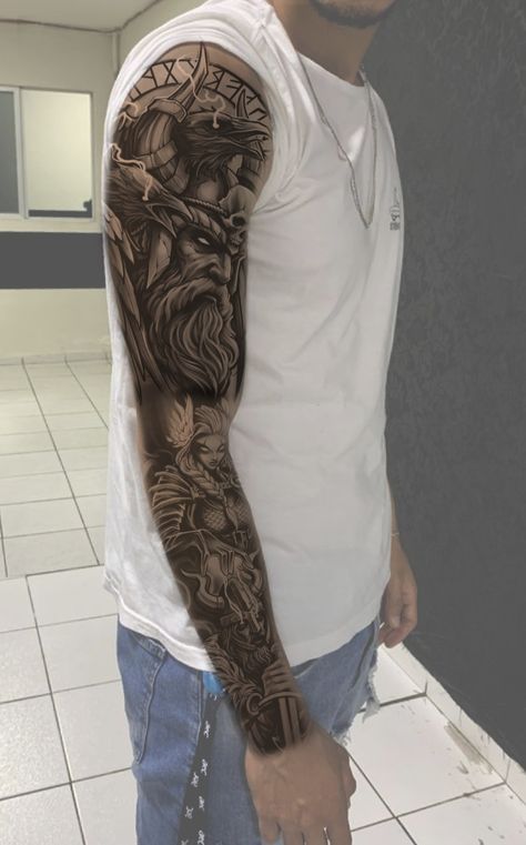 Nordic Sleeve Tattoos For Men, Odin Tattoo Sleeve, Viking Arm Tattoo, Norse God Tattoo, Tattoo Odin, Dark Disney Tattoo, Odin Tattoo, Arte Viking, Viking Tattoo Sleeve