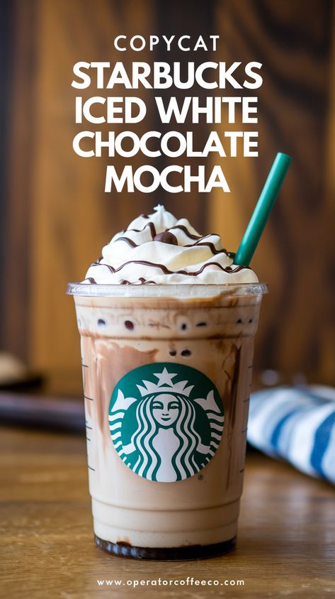 Love Starbucks' Iced White Chocolate Mocha? Now you can make it at home with this easy recipe! 🎉 Rich white chocolate sauce meets creamy milk, espresso, and whipped cream for a cafe-perfect drink. Customize for keto, dairy-free, or low-sugar options! Ideal for party drinks or a cozy winter treat! 🍫✨ White Chocolate Frappuccino Recipe, Starbucks Iced White Mocha At Home, Iced White Chocolate Mocha At Home, White Chocolate Mocha Starbucks Recipe, Starbucks White Chocolate Mocha Recipe, Iced White Chocolate Mocha Starbucks, Starbucks Iced Coffee Drinks, Starbucks White Chocolate, Mocha At Home