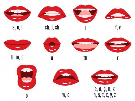 Premium Vector | Mouth sound pronunciation. lips phonemes animation, talking red lips expressions, mouth speech sync pronounce symbol set. mouth speech english, speak sound and talk illustration Phonemes Animation, Mouth Talking, Mouth Animation, Human Mouth, Lips Illustration, Cartoon Mouths, Foto Macro, Female Lips, Zestaw Ikon