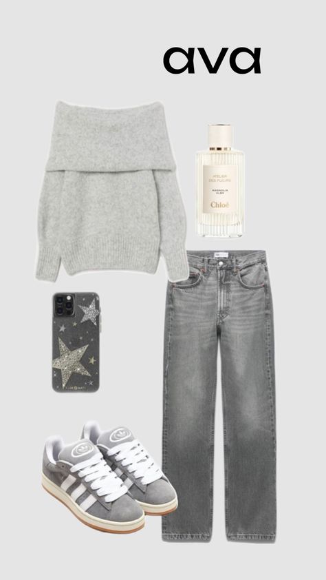 Gray Jeans Outfit Winter, Grey Jeans Outfit, Outfit Campus, Off The Shoulder Top Outfit, Campus 00, Shoulder Tops Outfit, Girls Winter Outfits, Campus Outfit, Jeans Outfit Winter