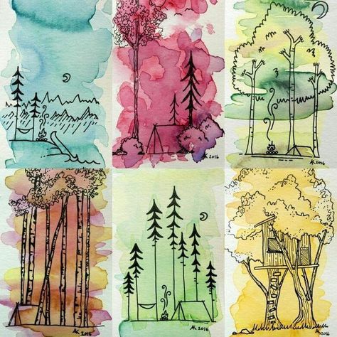 Watercolor Art Postcards, Doodles Over Watercolor, Outline Watercolor Painting, Watercolor And Ink Doodles, Doodles And Watercolor, Drawing Over Watercolor, Watercolour Gift Ideas, Postcard Watercolor Ideas, Watercolor Line Drawing