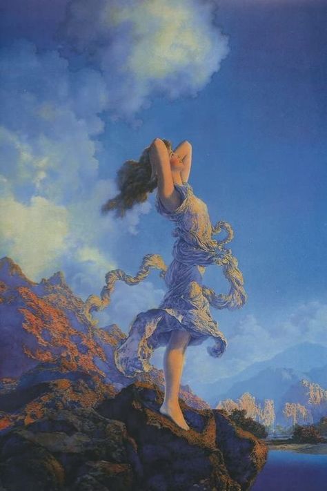 Art Deco | Maxfield Parrish Fantasy Landscape Painting, Romantic Artwork, Maxfield Parrish, Artistic Wallpaper, Portrait Oil Painting, Cool Wall Art, Woman Portrait, Painting Wall Art, Art Print Poster