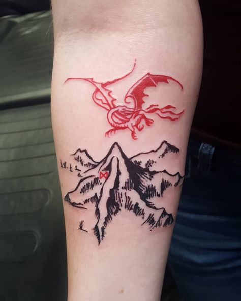 @melpractitioner That's what I'm tolkien' about!! Thank you to Alyson for letting me do this Lonely Mountain tattoo !!! Come see Mel for your LOTR tat needs !! #lordoftherings #thehobbit #smaug #winnipegtattoos #ironlotus #lineworktattoo #forearmtattoos #lotr #lotrtattoo Tolkien Tattoo Ideas, The Lord Of The Rings Tattoo, Hobbit Tattoo Ideas, Hobbit Tattoos, Lord Of The Rings Tattoo Ideas, The Hobbit Tattoo, Lotr Tattoo Ideas, Smaug Tattoo, Hobbit Tattoo