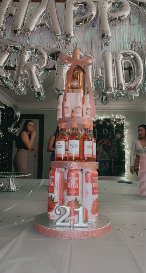 Pink alcohol tower for 21st Birthday 21st Birthday Ideas Suprise, 21st Birthday Ideas Best Friend, 21st Birthday Ideas For Girls Turning 21 Parties Decoration, Cute 21st Birthday Themes, 21st Birthday Gifts Ideas For Her, 21st B Day Gift Ideas, Alcohol Bottle Decorations 21st Birthday, 21st Baddie Birthday Ideas, 21st Birthday Candy Table