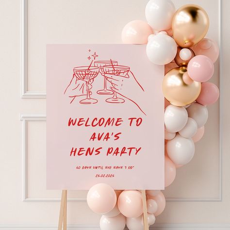 Counting down the days in style! 🍾✨ Kick off your hens party with our chic, custom welcome sign that’s all about celebrating your final fling with your favorite people. Designed with hand-drawn details and a super cute touch, it’s the perfect backdrop for a night filled with love, laughter, and cocktails! #EtchedDesign #HensPartyStyle #CountdownToIDo #BrideSquadGoals #hensparty #henspartydecorations #henspartywelcomesign #pinkhenssign #bachelorettepartysign #pinkhenspartywelcomesign #henpar... Bachelorette Party Signs, Custom Welcome Sign, Acrylic Welcome Sign, Hen Party Decorations, Engagement Cake Toppers, Wedding Glassware, Personalized Glassware, Party Welcome Sign, Hens Party