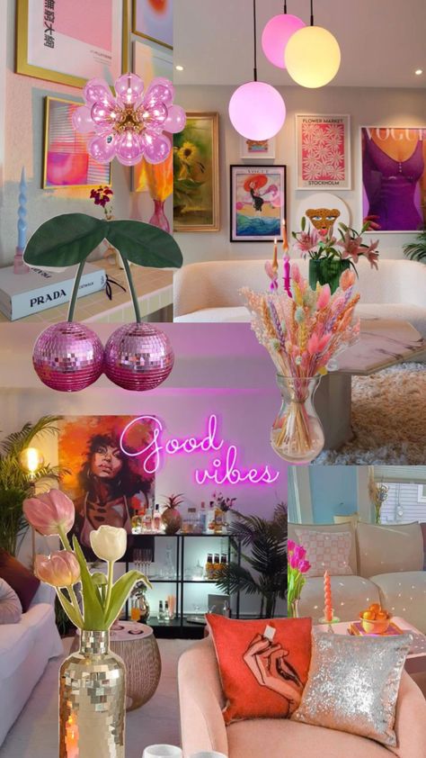 Vibey room inspo #roominspo #discoball #neon #homedecor #colourful #pink #pinkaesthetic Disco Aesthetic Apartment, Disco Themed Living Room, Disco House Aesthetic, Pink Disco Room, Disco Cowgirl Apartment, Disco Cowgirl Bedroom Decor, Hangout Room Ideas Woman Cave Cozy, Cute Appartement Aesthetic, Disco Cowgirl Living Room