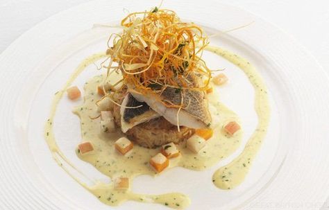 Sea Bass Fillet With Coriander & Vanilla Sauce Recipe Sea Bass Fillet Recipes, Sea Bass Fillet, Grilled Sea Bass, Scallop Appetizer, Sea Bass Recipe, Bass Recipe, Sea Bass Recipes, Vanilla Sauce, Great British Chefs