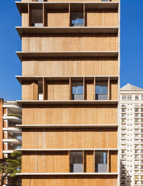 Pedro Vannucchi, studio mk27 - marcio kogan · Vertical Itaim · Divisare Studio Mk27, World Architecture Festival, Wood Facade, Wooden Facade, Wood Architecture, Wooden Shutters, Small Buildings, High Rise Building, Building Facade