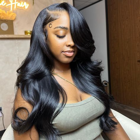 Side Part Leave Out With Curls, Side Part Closure Sew In Curls, 2023 Side Part, Side Parts Hair Styles, Side Part Sew In With Leave Out Curls, Black Wig Side Part With Curls, Side Part Quick Weave Curls, Black Side Part Wig With Curls, Sewin Closure