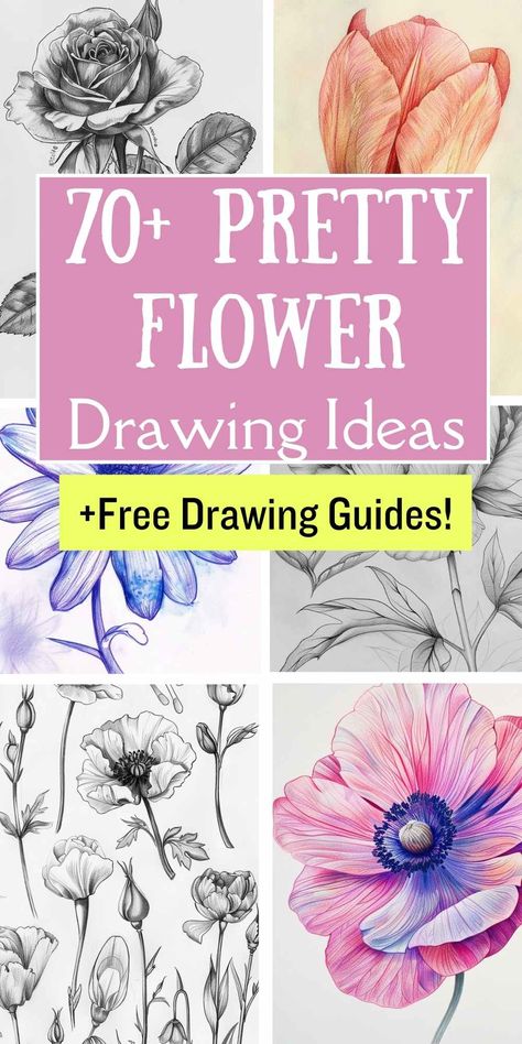 Blossom into creativity with our 70+ Pretty Flower Drawing Ideas! 🌸 This collection, complete with free drawing guides, is perfect for artists of all levels. Discover new techniques and styles to bring your floral sketches to life. #FlowerDrawingIdeas #FreeDrawingGuides #ArtInspiration #FloralSketches #DrawingTips #CreativeArt #DIYDrawing #ArtProjects #SketchingFlowers 🎨✏️🌺 Pretty Designs To Draw, Watercolour Templates, How To Draw Flowers Step By Step, Flower Drawing Tutorial Step By Step, Pretty Flower Drawing, Flower Drawing Ideas, Floral Sketches, Emotional Clutter, Drawing Colouring