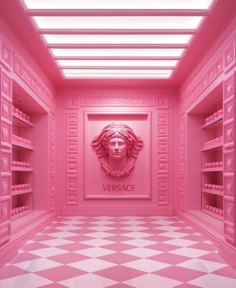 Barbie Pink Room, Pink Phone Booth, Barbie Store, House Of Versace, Retail Space Design, Beauty Video Ideas, Versace Pink, Dreamy Artwork, Cool Backgrounds Wallpapers