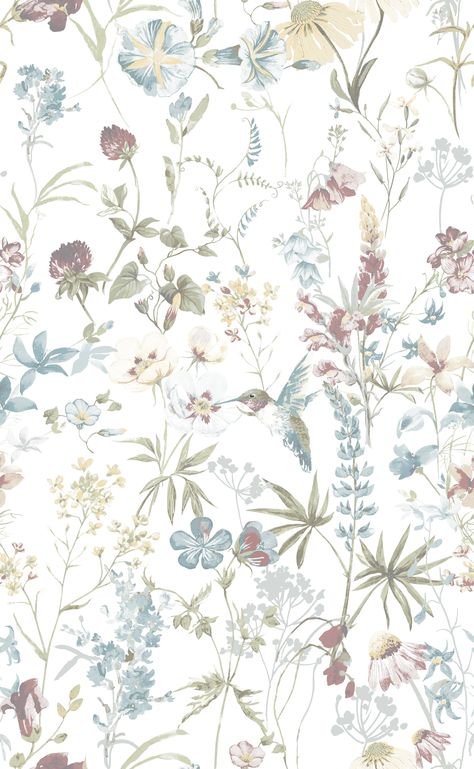 Soft Colors Wallpaper, Floral Wallpaper Texture, Light Floral Wallpaper, Wardrobe Wallpaper, Salon Wallpaper, Hummingbird Wallpaper, Botanical Background, Whimsical Birds, Hallway Wallpaper