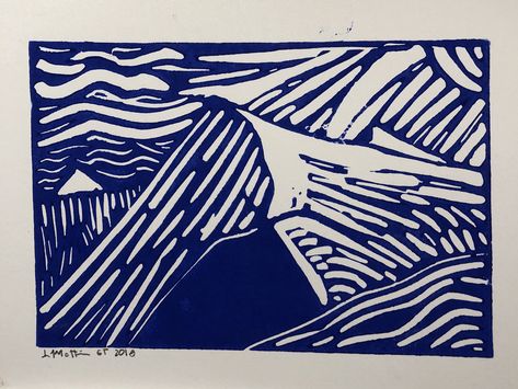 Linoleum Print, Artwork Ideas, Lino Print, Blue Mountain, Linoleum, Linocut Prints, Pottery Painting, Creative Projects, Linocut