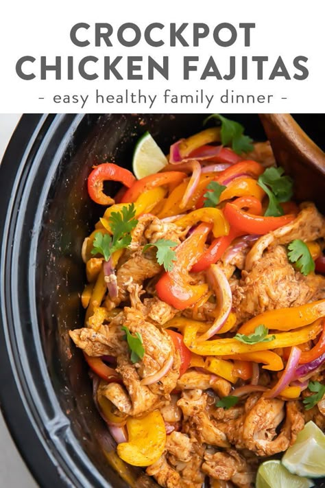 These chicken fajitas just couldn't be easier or more delicious! They're made in the Crockpot or slow cooker and are totally loaded with flavor. Delicious in tortillas, burrito bowls, or salads, these chicken fajitas are crazy tender and healthy, naturally Whole30 compliant, paleo, and low carb. A garlicky marinade with lime juice and seasoning make the chicken, peppers, and onions super flavorful. #crockpot #slowcooker #chicken #fajitas #healthyrecipes Slow Cooker Fajitas, Crockpot Fajitas, Slow Cooker Chicken Fajitas, Chicken Fajitas Crockpot, Clean Dinner Recipes, Chicken Peppers, Health Lunch, Clean Eating Vegetarian Recipes, Chicken Fajita Recipe