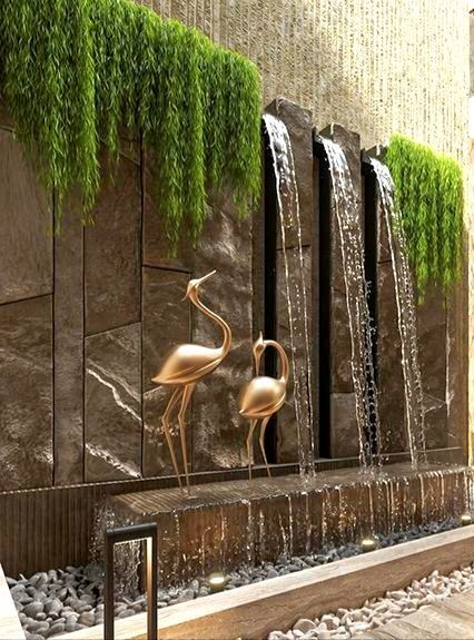 #InteriorDecor #DesignInspiration #HomeMakeover #LuxuryInteriors #DIYDecor #HomeVibes #DecorIdeas #MinimalistDesign #ScandiStyle #BohoDecor Pool Wall Fountain Waterfalls, Waterfall Water Feature, Modern Fountain Ideas, Modern Tropical Landscape Design, Waterfall Interior Design, Wall Fountains Backyard, Garden With Water Fountain, Indoor Water Wall, Water Wall Diy