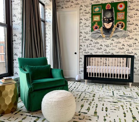 Holy Batman Nursery 🦇 As the Waynes welcomed their second son, another famous Wayne brought some major inspiration. Bruce Wayne meets Chicago style in this glamorous, gem-toned nursery. Lilting brings an intriguing combination that is texturally complex and visually stunning in this heroic space. www.flor.com/lilting Superhero Nursery Ideas, Plane Nursery Theme, Truck Nursery Theme, Fairy Nursery Theme, Princess Nursery Theme, Batman Nursery, Beach Theme Nursery, Baby Boy Nursery Ideas, Boy Nursery Ideas