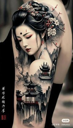 Japanese Tattoo Designs Geisha, Japanese Tattoo Art Geisha, Petals Tattoo, Female Samurai Tattoo, Japanese Geisha Drawing, Tato Geisha, China Tattoo, Japanese Geisha Tattoo, Geisha Samurai