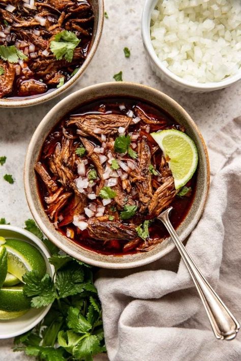 Birria de Res (Tender Braised Beef Birria) - Well Seasoned Studio Birria Chili, Boneless Beef Chuck Roast, Mexican Beef Stew, Beef Birria Recipe, Spicy Broth, Beef Birria, Mexican Oregano, Dried Chili Peppers, Mexican Beef