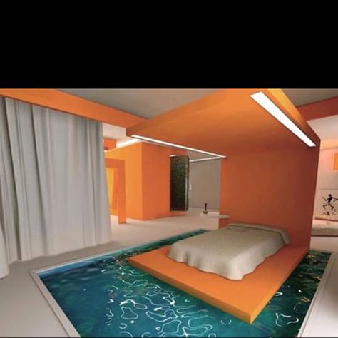 Bed surrounded by water? Pool Bedroom, Indoor Swimming Pool Design, Indoor Swimming Pool, Cool Swimming Pools, Water Bed, Dreams Beds, Casa Container, Beach Bedroom, Indoor Swimming