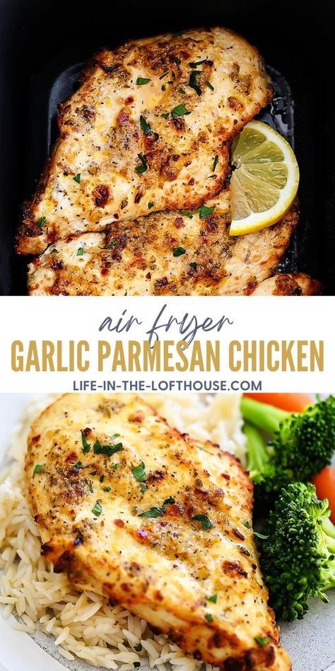 Air Fryer Garlic Parmesan Chicken - Life In The Lofthouse Air Fryer Garlic Parmesan Chicken, Air Fryer Recipes Chicken Breast, Air Fryer Garlic, Air Fryer Oven Recipes, Air Fry Recipes, Garlic Parmesan Chicken, Air Fryer Recipes Chicken, Parmesan Chicken, Air Fryer Dinner Recipes