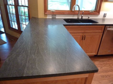 Virginia mist granite, similar look to soapstone Vermont Black Granite Countertops, Nero Mist Honed Granite, Master Fireplace, New Kitchen Countertops, Kitchen Countertops Ideas, Blue Granite Countertops, Counter Ideas, Countertops Ideas, Hickory Cabinets