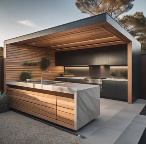 Outdoor Bbq Kitchen Modern, Modern Bbq Area Outdoor, Modern Barbecue Design, Entertainment Area Outdoor, Bbq Area Ideas Outdoor, Modern Pool Cabana, Clean Kitchen Design, Barbeque Design, Garden Luxury