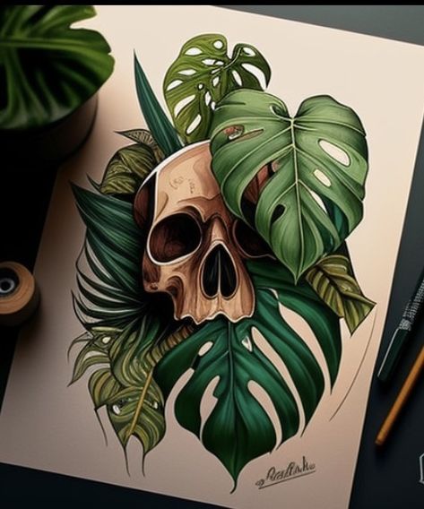 Medium Small Tattoos, Skull And Plants Tattoo, Tropical Plants Tattoo, Jungle Leaves Tattoo, Banana Leaf Tattoo, Tattoo Drawings Sketches, Garden Tattoos, Live Drawing, Plant Tattoo